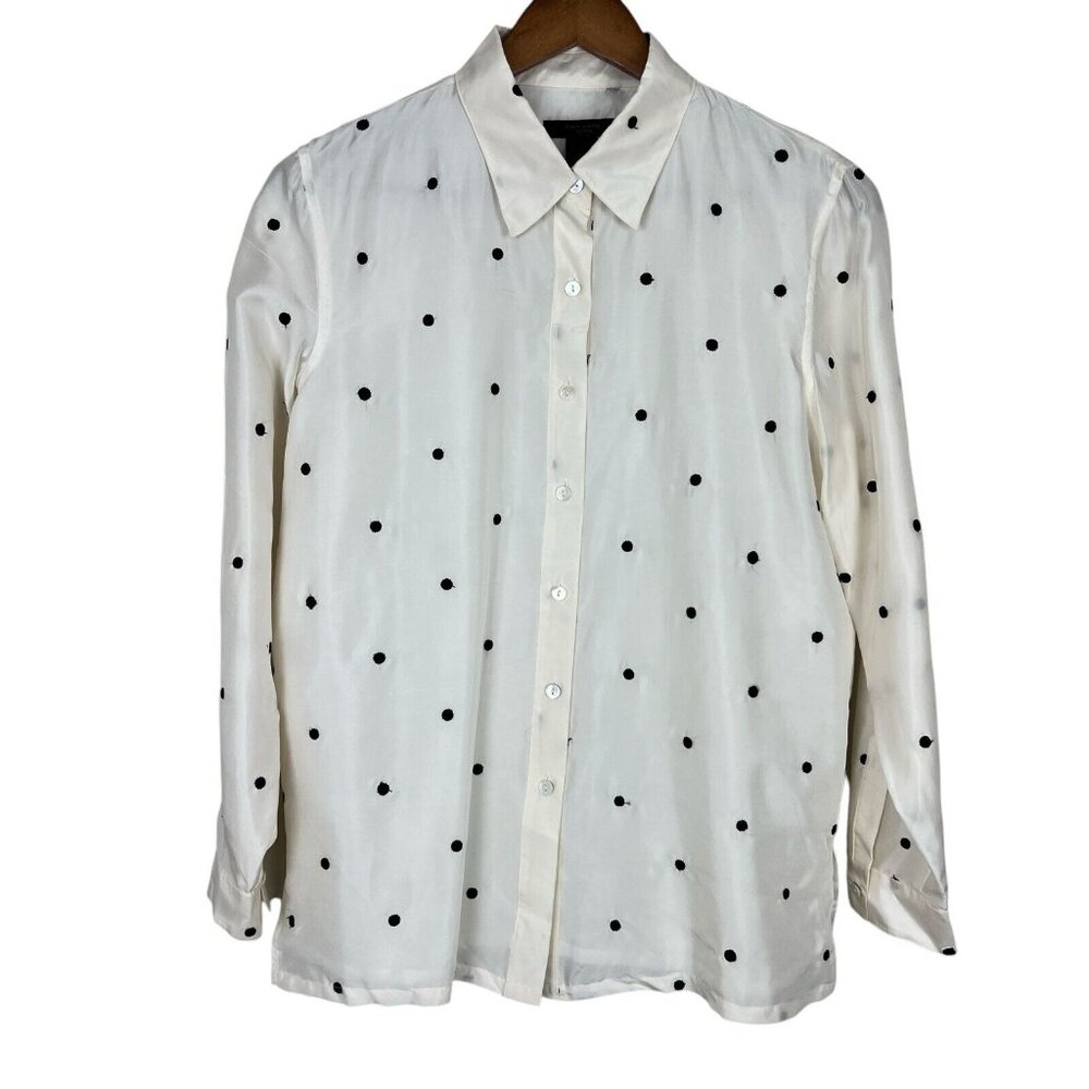 Silkland Blouse Women Petite Medium PM White Black Polka Dot 100% Silk Button Up